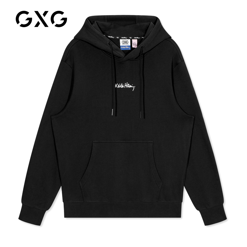 gxgxkh联名款春季新款商场同款黑色涂鸦印花卫衣男连帽衫