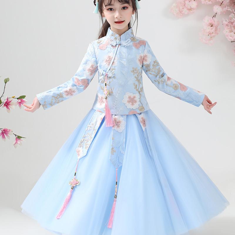 新款女童古装汉服2020春秋公主裙儿童春款童装裙子洋气套装连衣裙 浅蓝色厚款 不送鞋子 不送鞋子 110 送赠品