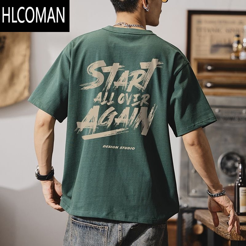 HLCOMAN2024新款男士短袖t恤背面印花深灰色夏季美式宽松ins体恤