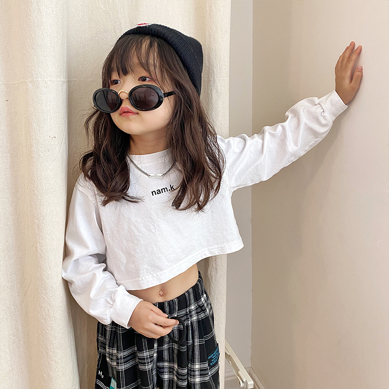 yuebin豆描女童高腰上衣短款2020新款中大童长袖t恤韩版儿童露脐打底