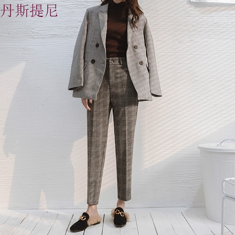 萝卜裤女2018春款九分格子小脚哈伦裤子高腰休闲烟管直筒西装裤女黑白色黑白格子