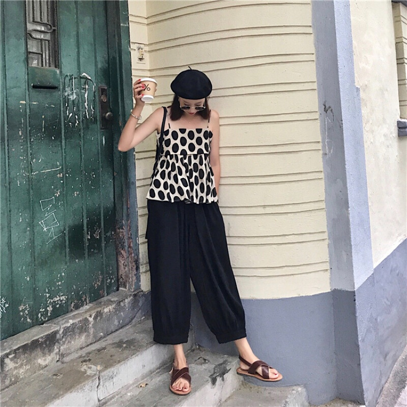 夏装韩版复古波点带背心套装女+高腰显瘦阔腿灯笼裤两件套