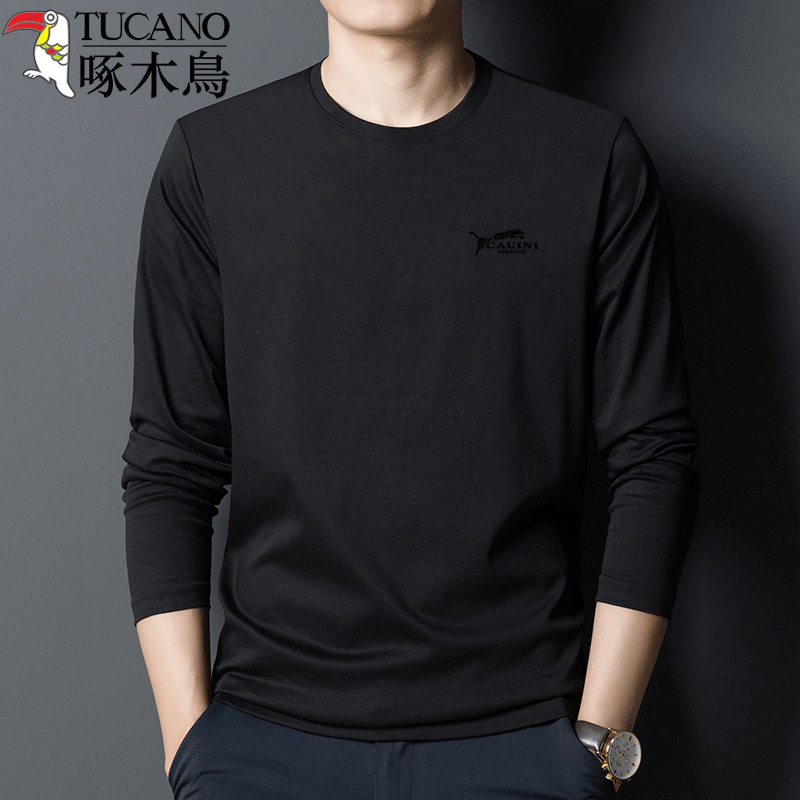 啄木鸟春秋季中年男士圆领纯棉长袖T恤宽松上衣服男装体恤打木服高清大图