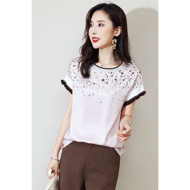 cachecache别致木耳边星星印花短袖宽松圆领洋气小衫女士t恤