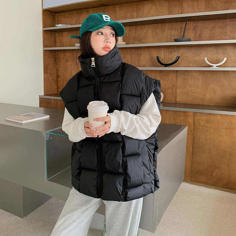 冬季新款立体编织时尚个性方块潮流保暖马甲2023韩版宽松百搭女士 黑色 M