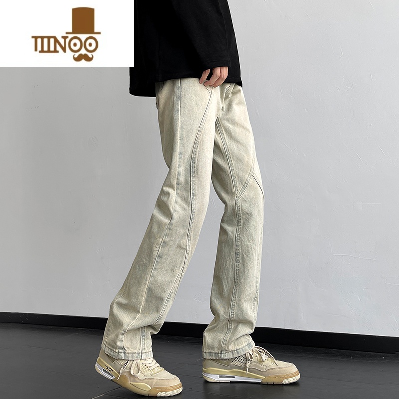 YANXU水洗直筒牛仔裤男痞帅日系复古做旧高街国潮怀旧美式宽松裤子高清大图