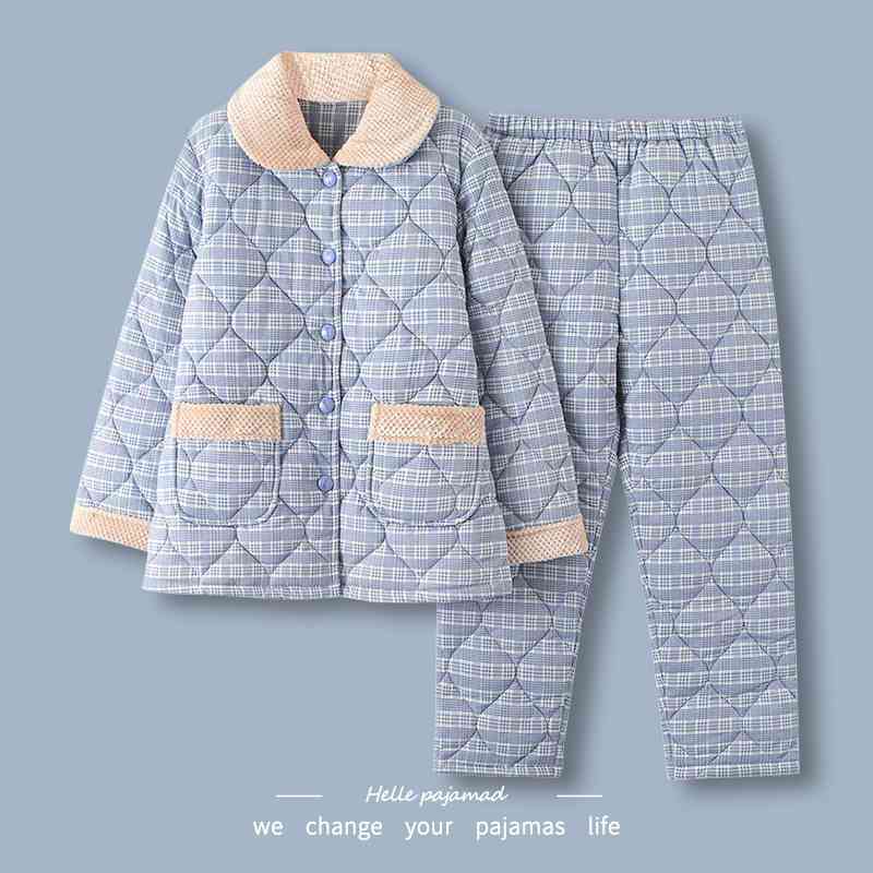 浪莎夹棉睡衣女冬季三层加厚夹棉袄大码保暖开衫可外穿家居服套装