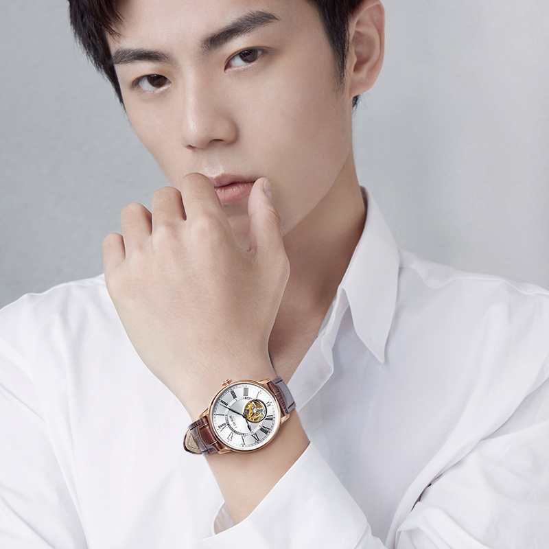 依波表(EBOHR) 自动机械表镂空时尚超薄防水腕表送男友礼物 玫瑰金皮带 51703439高清大图