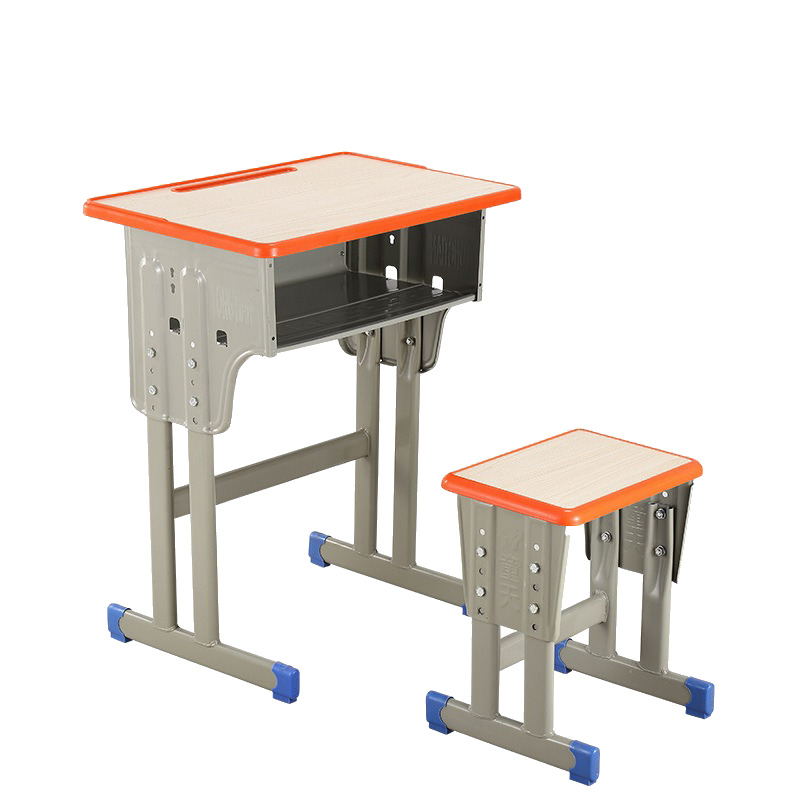 文灵中小学生课桌椅学校培训班辅导班课桌升降儿童书桌学习课桌椅套装 单人双柱橘色方凳