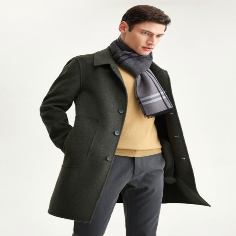 柒牌男装毛呢大衣冬季保暖青年男士外套中长款翻领单排扣大衣
