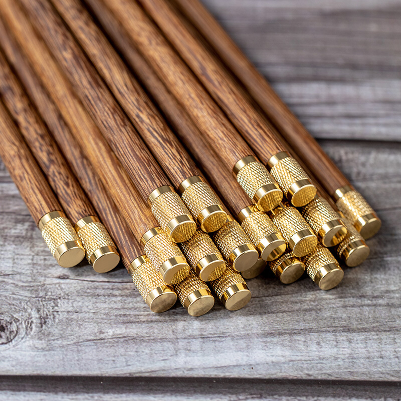 拾画 无漆无蜡家用防滑鸡翅木筷子 创意铜头木 金色筷子 十双装 SH-6325高清大图