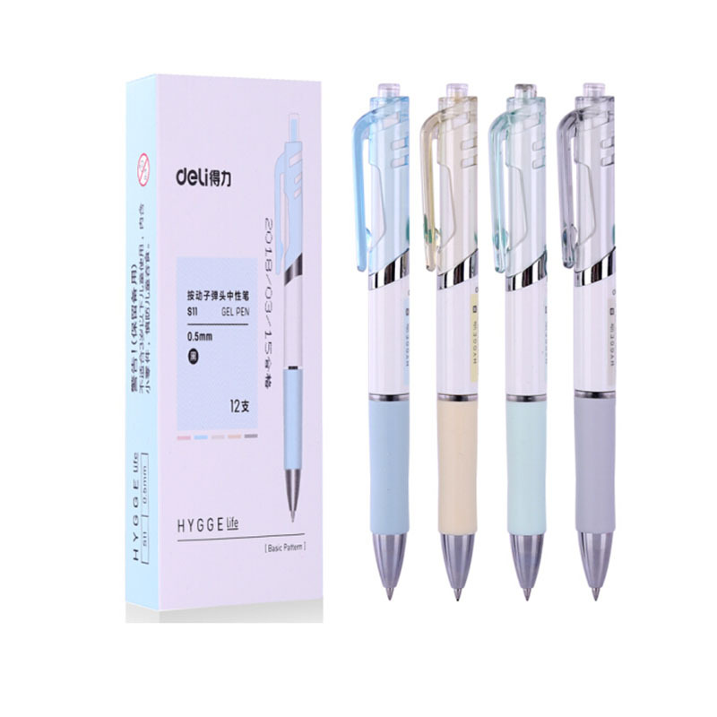 得力S11 按动中性笔签字笔水笔黑色碳素笔学生办公 0.5mm 彩色杆黑色12支/件 4件装(单位:件)