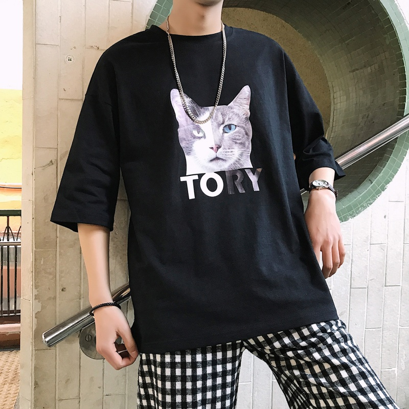 夏季年轻猫咪印花短袖T恤男士圆领五分袖上衣青少年男装打底衫潮