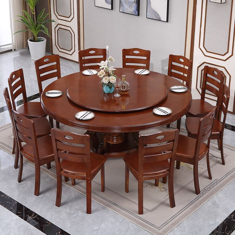 彬蔚现代中式实木圆形餐桌椅组合橡木圆餐桌带转盘酒店吃饭家用大圆桌