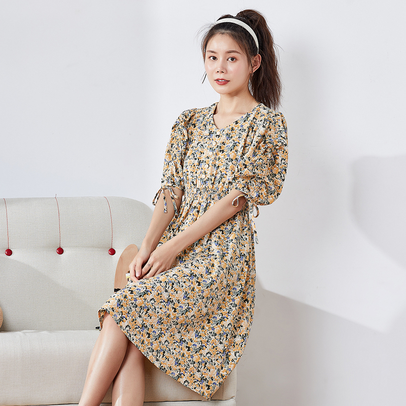 唐狮夏季新款中长款连衣裙女碎花小清新法式vintage复古小众