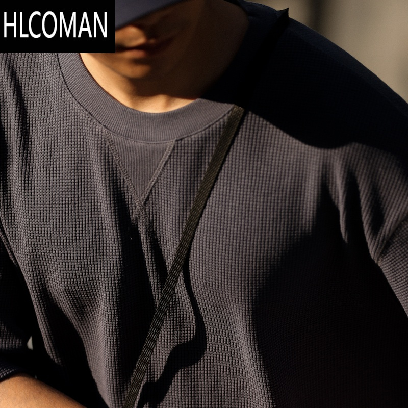 HLCOMAN 美式休闲华夫格短袖T恤男肌理感宽松简约圆领落肩打底衫