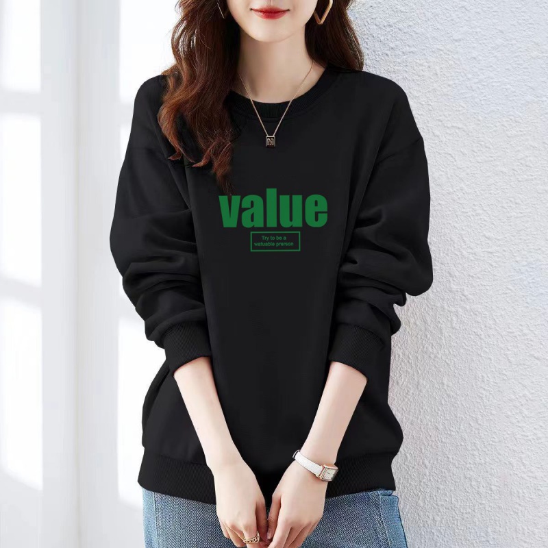 卫衣女秋冬新款休闲百搭时尚潮流宽松显瘦慵懒风圆领上衣服女外穿_245 L建议110-125斤 黑色圆领【加绒】绿V