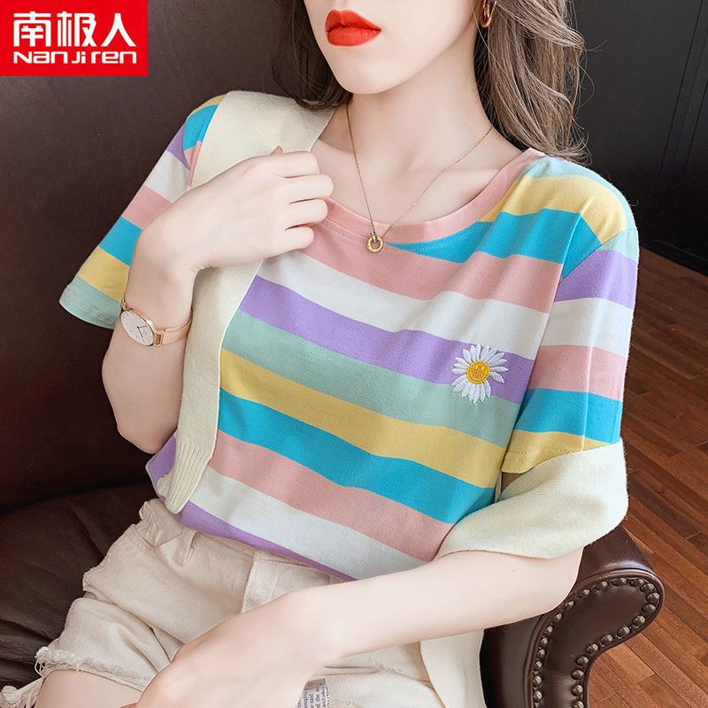 盐系短袖T恤女宽松新款潮韩版条纹衣服ins上衣