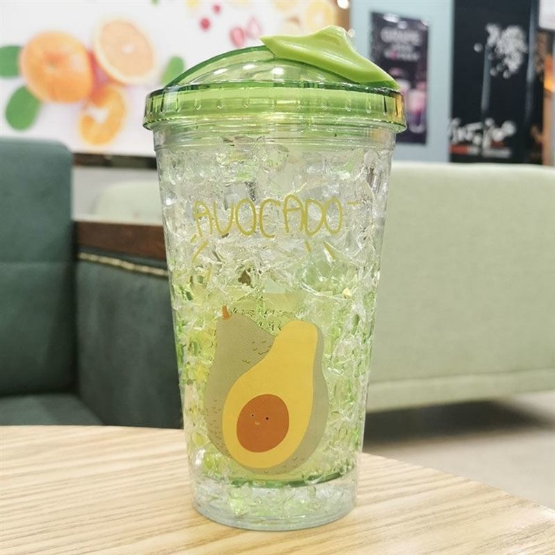 牛油果图案一450ml牛油果塑料吸管杯夏日碎冰杯女学生韩版可爱双层