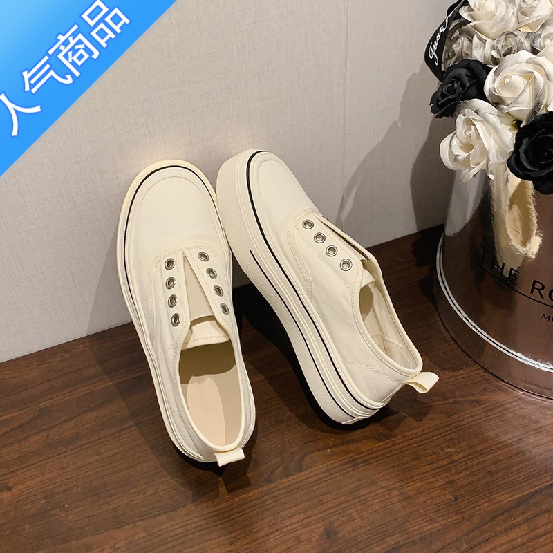 SUNTEK夏季薄款透气厚底帆布鞋女2023新款一脚蹬懒人鞋小白鞋百搭乐福鞋高清大图