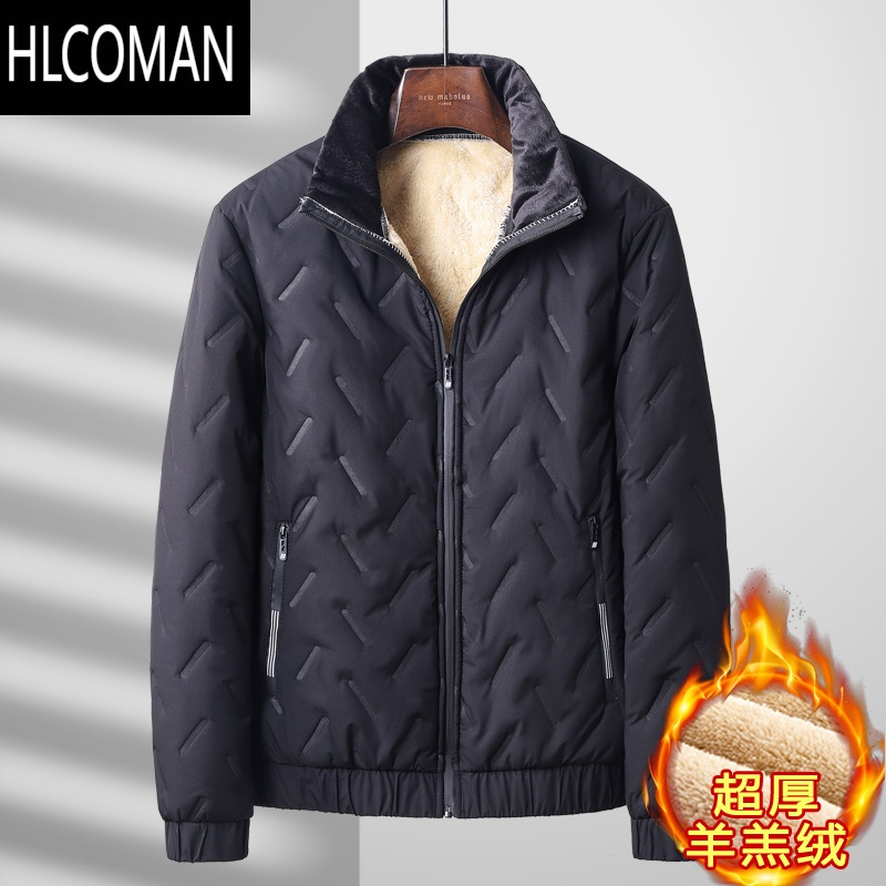 hlcoman新款冬季p暖中老年男人立领棉衣羔绒加绒加厚爸爸冬装夹克外套