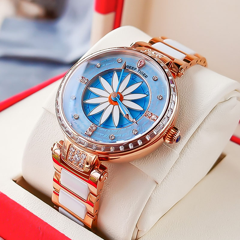 瑞夫泰格REEF RIGER正品手表进口机芯全自动机械表女表防水时尚陶瓷腕表个性旋转表盘百合夜光表RGA1599 玫金蓝面陶瓷