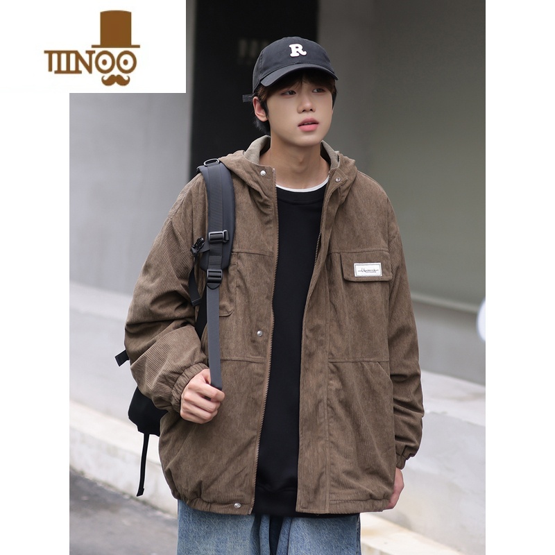 YANXU2023秋季新款工装外套男生款帅气学生灯芯绒连帽夹克高清大图