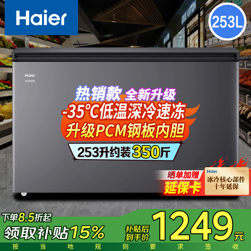 海尔(Haier)253升家用冰柜 冷柜小型 细胞级冷冻多重抑菌净味冷藏冷冻柜 一级能效 减霜80%节能冰柜 钣金面板