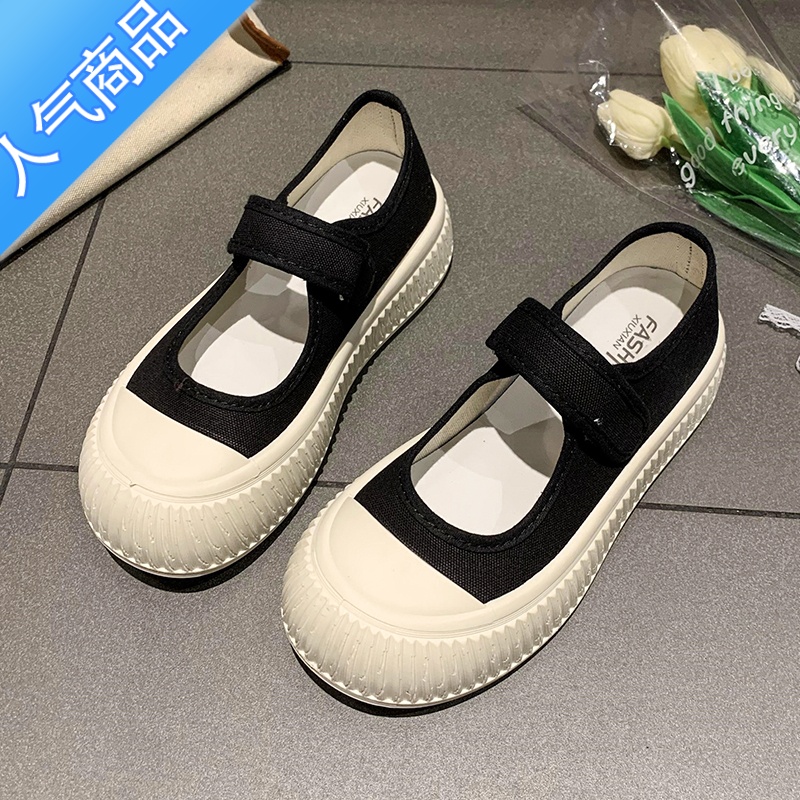 SUNTEK魔术贴厚底小白鞋女2023夏季新款帆布休闲鞋可爱百搭日系玛丽珍鞋 黑色 40