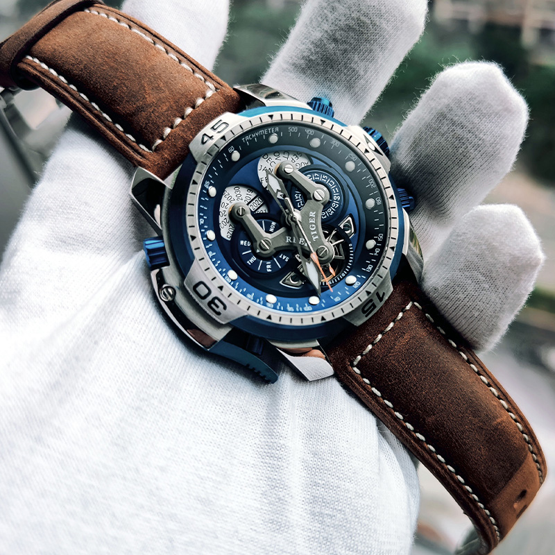 瑞夫泰格REEF RIGER时尚潮流手表多功能全自动机械表男士真皮大表盘防水军表进口机芯强夜光RGA3503高清大图