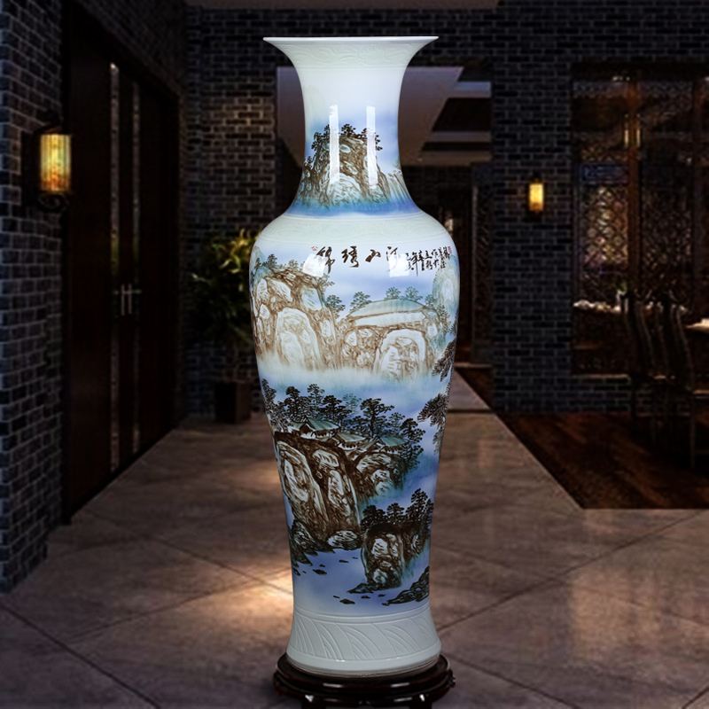 景德镇陶瓷大花瓶手绘青花山水新房乔迁客厅酒店装饰落地摆件 三维工匠 锦绣山河1.2米高清大图
