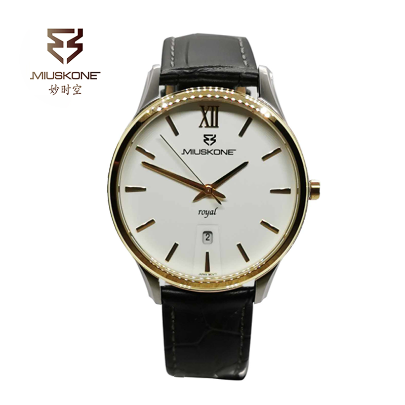 妙时空(MIUSKONE)商务精英系列简约皮带男表 带日历 进口机芯 轻薄款 高性价比 正装搭配 MS112 土豪金