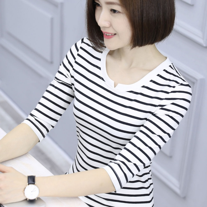 条纹中袖T恤女2020秋夏新款女装韩版小V领短袖女宽松女士打底衫