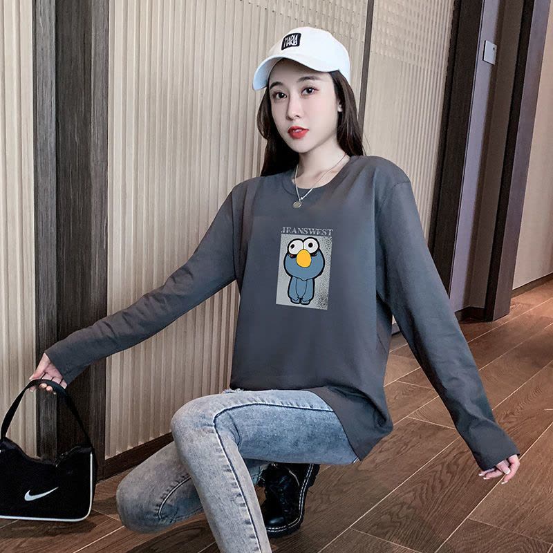 真维斯女t恤长袖纯棉打底衫宽松原宿风春秋季学生印花打底衫上衣图片