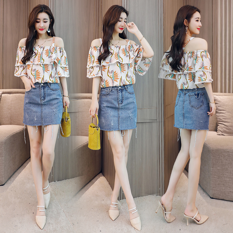 女士夏款新品套装女带露肩雪纺上衣修身包臀牛仔短裙时尚两件套