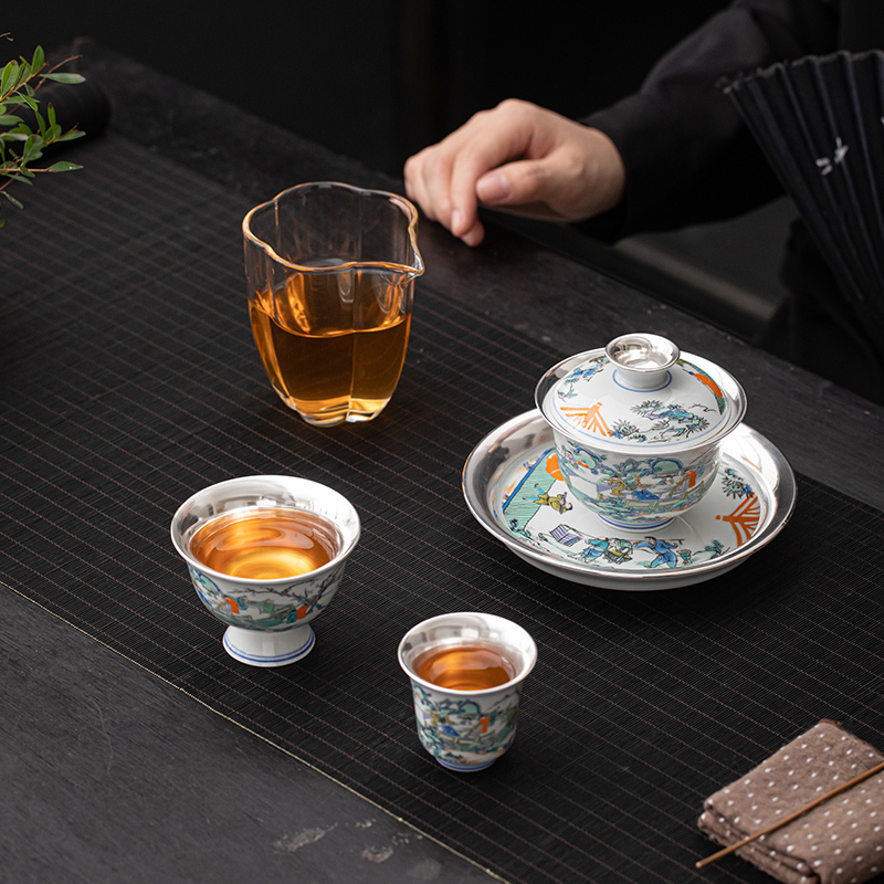 苏氏陶瓷(SUSHI CERAMICS)鎏银游园图壶承盖碗小套装郑文强作品功夫茶具套组