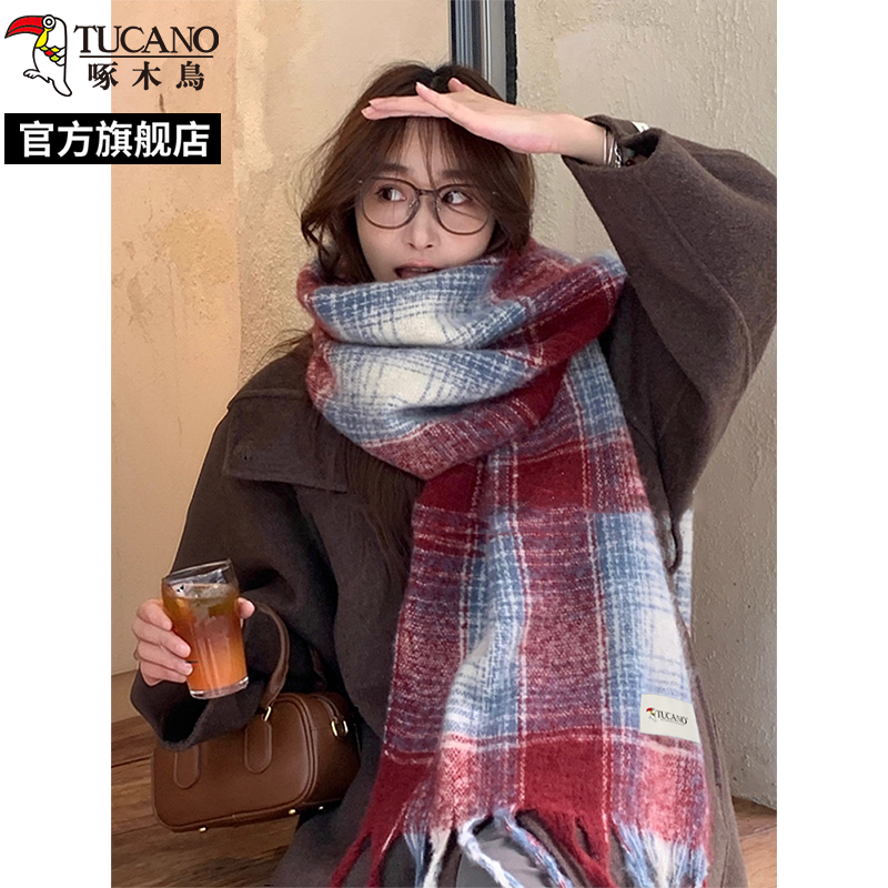 啄木鸟2025新款蓝咖格纹围巾女冬季韩版氛围感加厚保暖围脖披肩新高清大图