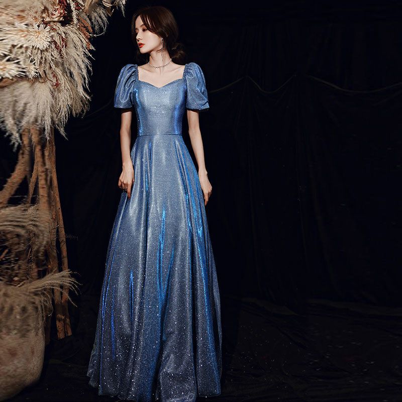星空晚礼服新款蓝色长款亮片伴娘团气质年会姐妹礼服主持宴会礼服