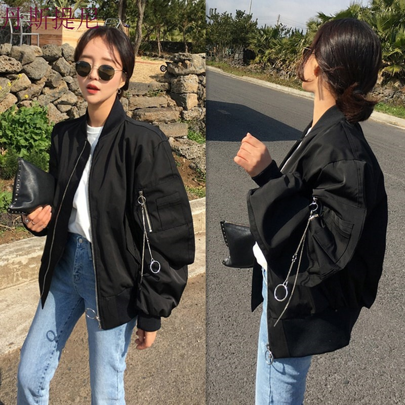 2018春秋季韩版潮宽松短外套女装飞行员夹克衫学生BF风黑色棒球服黑色