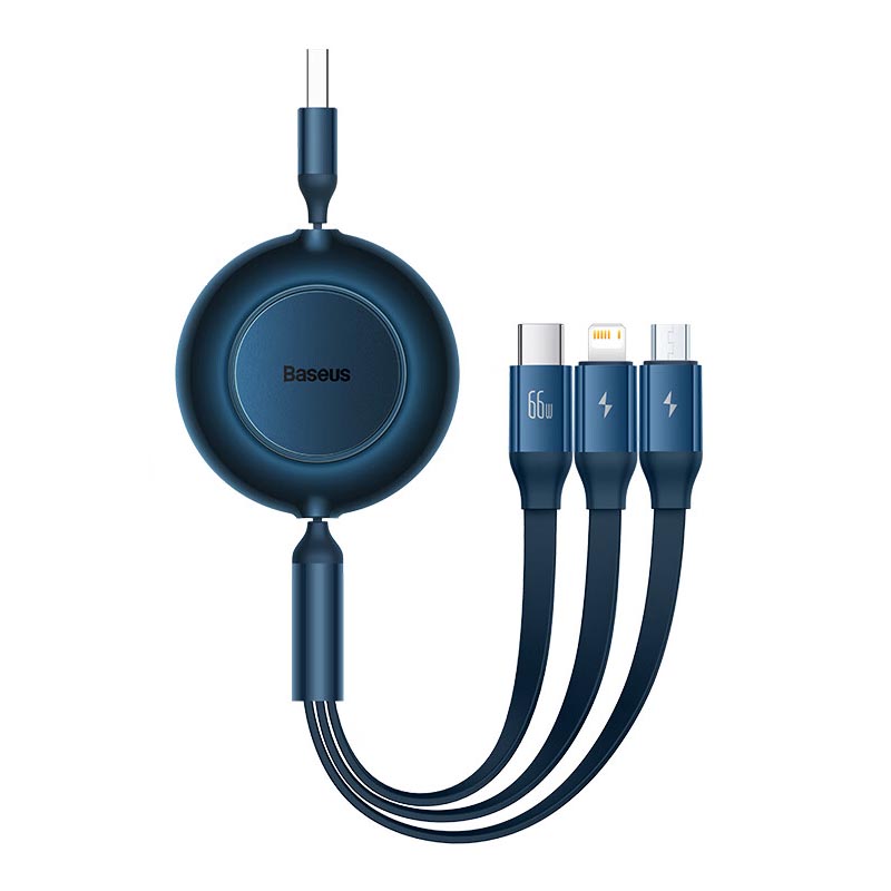 倍思(BASEUS) 明镜系列2 随意拉伸一拖三快充数据线USB to M+L+C 66W 1.1m 蓝色