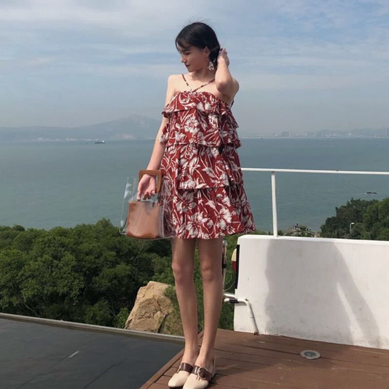 夏季韩版交叉带一字领无袖连衣裙宽松腰短裙裙女 图片色 均码