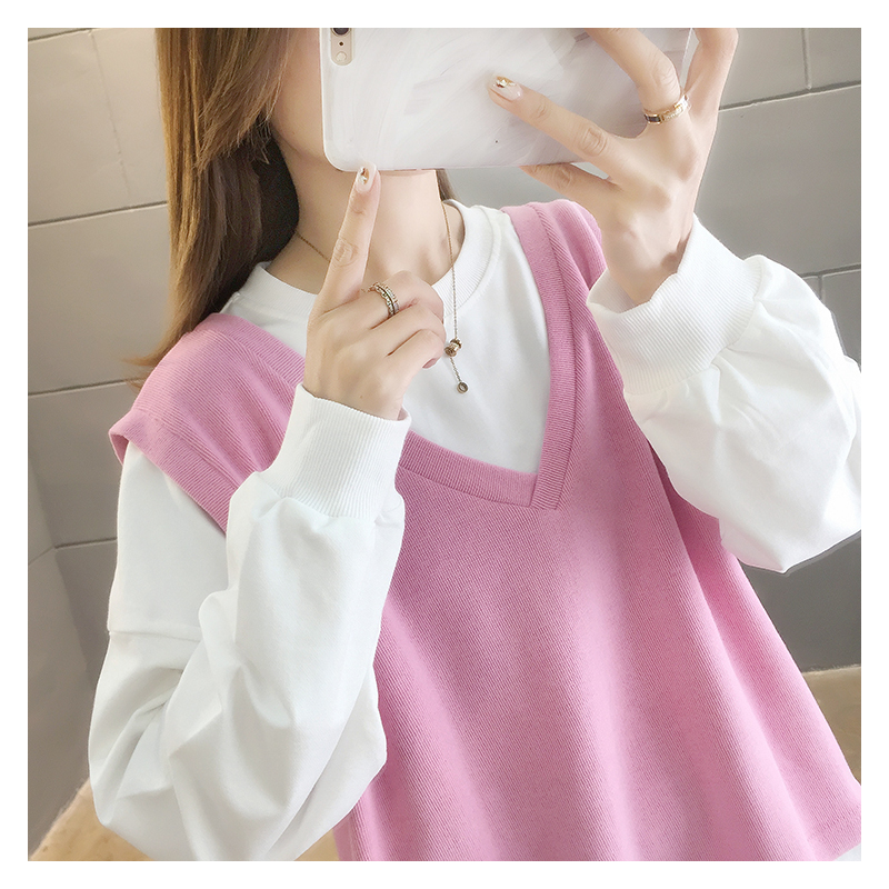 SUNTEK秋冬新款减龄假两件马甲卫衣女加大码女装上衣女200斤外套女宽松t外套短外套