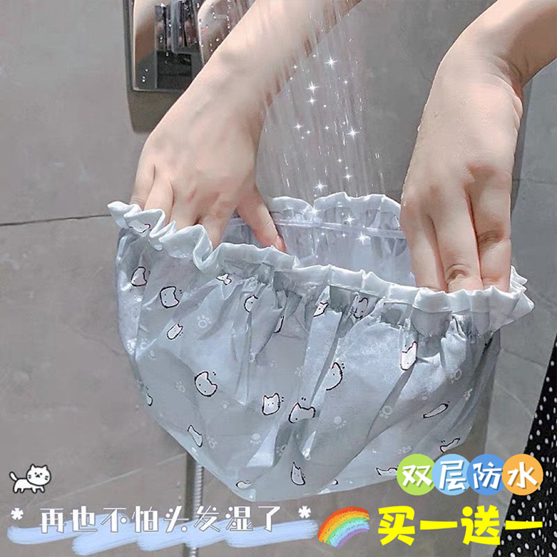 [补贴10%]双层浴帽女防水洗澡家用防油烟头套女童干发膜专用沐浴帽2024新款 [单独一个 无赠品]喵咪蓝高清大图