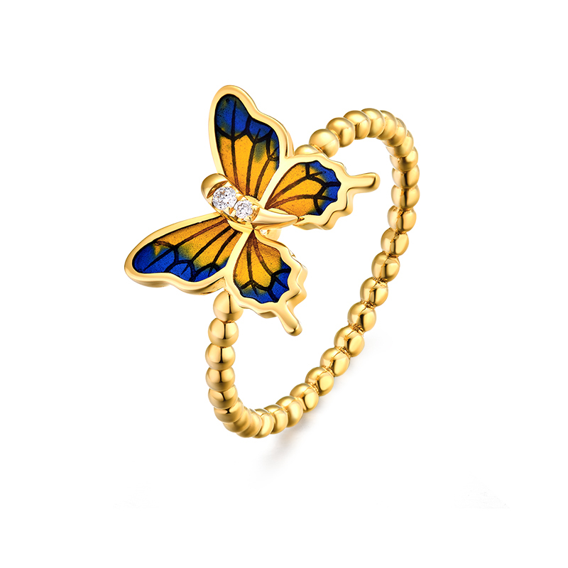 阿玛莎18k彩金钻石蓝珐琅烤漆戒指女蝴蝶戒指视频