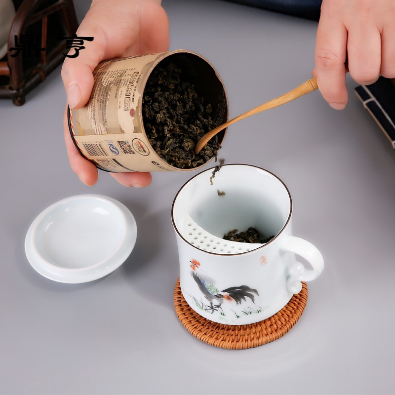 鼎亨景德镇手绘茶杯陶瓷带盖过滤水杯陶瓷杯办公室杯子泡茶杯个人