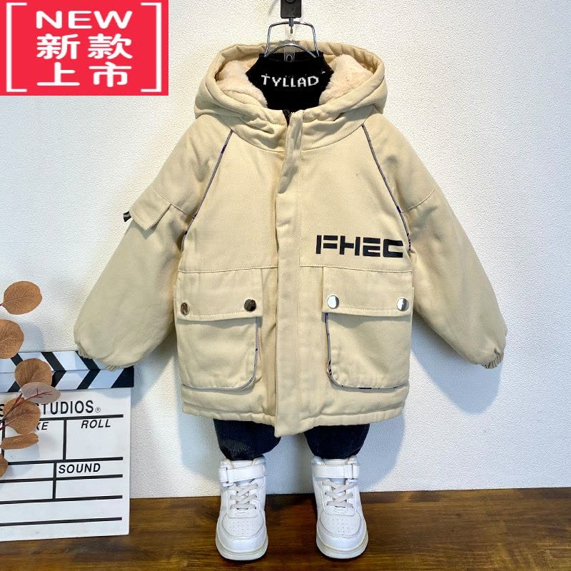 可莉允香港男童时髦外套2022秋冬新款洋气宝宝加绒棉服儿童网红派克棉袄图片