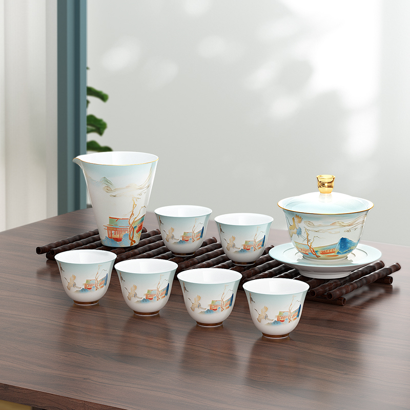 金灶KP-Y015瑞鹤陶瓷功夫茶具珐琅彩盖碗公道杯品茗杯套装家用
