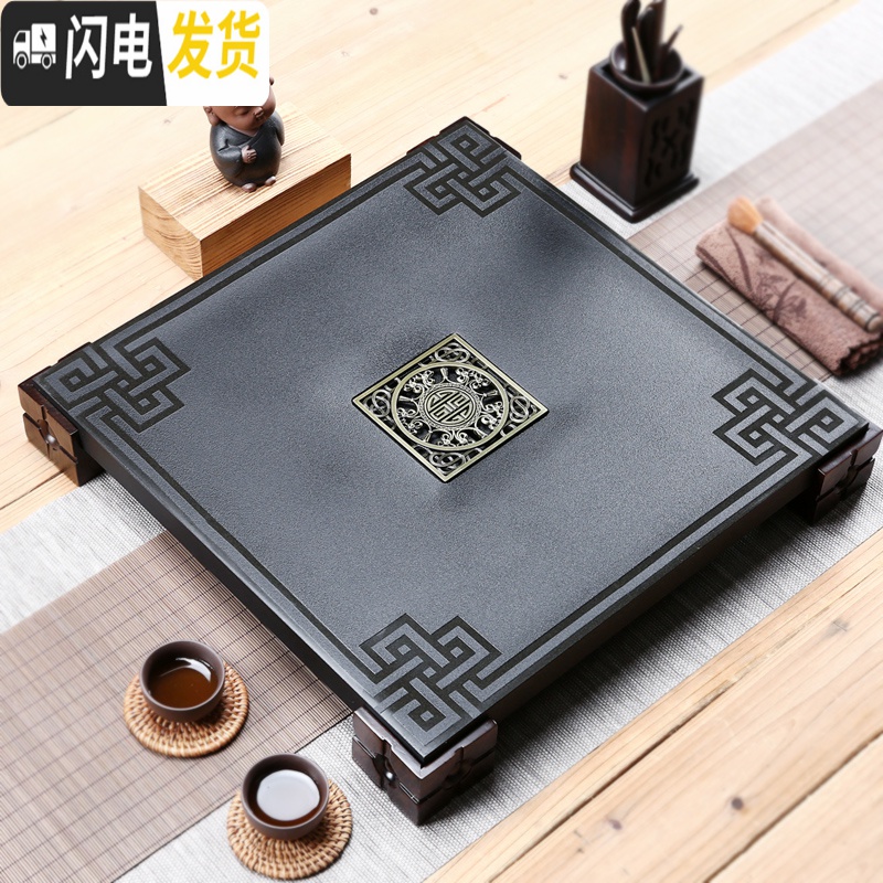三维工匠整套紫砂功夫茶具套装家用黑檀实木茶盘乌金石茶台茶壶茶杯 乌金石瑞福+哥窑石瓢套装 25件高清大图