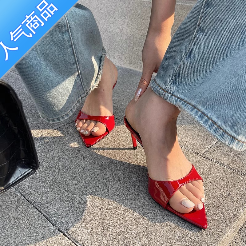 SUNTEK超火ins~显腿长！网红性感尖头高跟鞋女外穿露趾细跟一字带拖凉鞋高清大图