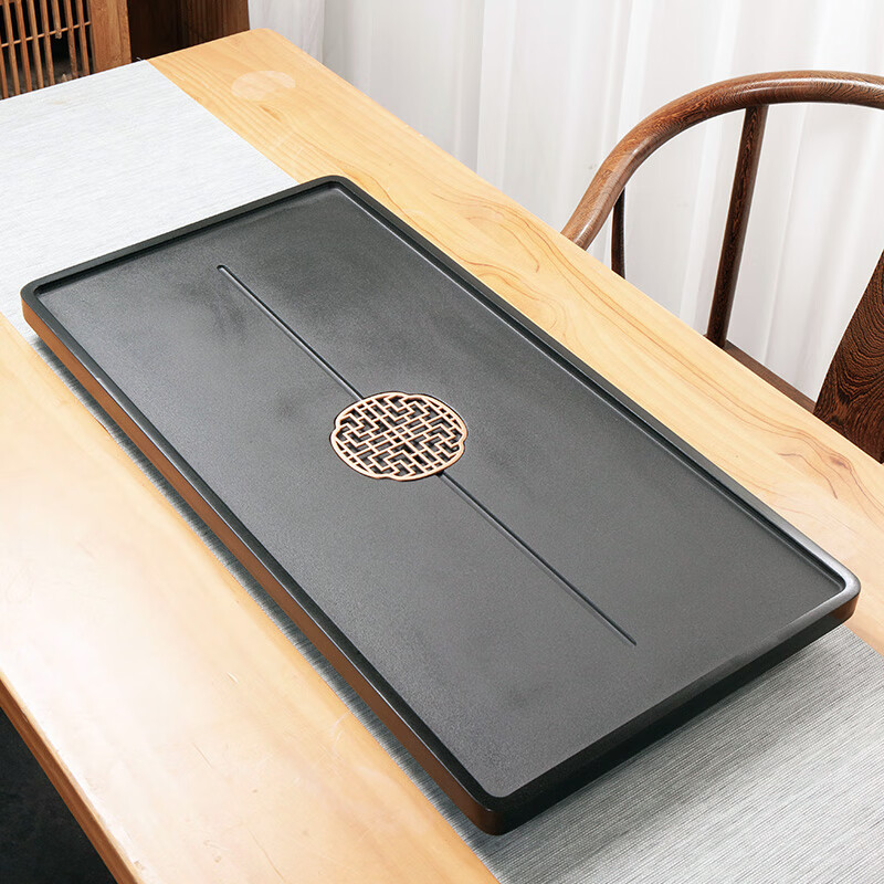乌金石茶盘 整块天然石茶台轻奢简约石头排水盘支持定制尺寸刻字 窗花茶盘 70x35x3cm